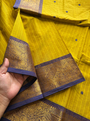 RF255 Mustard Yellow shade vintage Vanasingaram border Kanchi Cotton Saree with striped pattern & handmade thread buttas