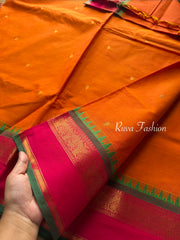 Orange with pink and green combination Kanchi cotton saree with rich Zari woven Pallu and handmade golden Zari Buttas