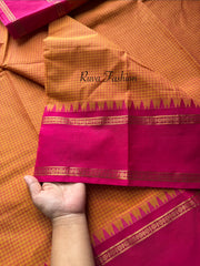 RF54 Dark mango shade with contrast pink vintage border Podi Kattam Kanchi cotton saree
