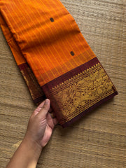 RF1073 Orange with maroon Vanasingaram border Kanchi cotton saree with handmade thread buttas and vertical stripped lines