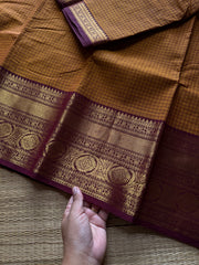 RF1297 Kattam Edition ~ Dual shade Mustard with brown combination Kanchi cotton saree with checks pattern