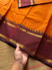 RF806 Vintage edition ~ Orange with maroon Kanchi cotton saree with podi kattam / small checks pattern