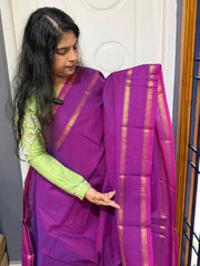 RF1235 Monotone magenta pink shade Kanchi cotton saree with Korvai Vaira Oosi thread vertical lines pattern with vintage Rettapet border
