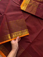 RF492 Maroon shade fully Vaira Oosi pattern Kanchi cotton saree with contrast small orange mango pattern border