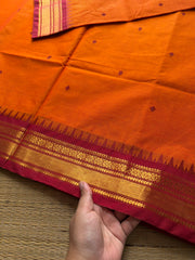 RF381 Orange with contrast maroon combination small border Kanchi cotton saree with handmade thread buttas