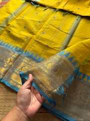 RF385 Yellow with sky blue combination Kanchi cotton saree with checks pattern and handmade thread buttas