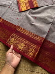 RF1347 Light grey shade Kanchi cotton saree with handmade thread buttas