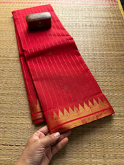 RF43 Classic Monotone Bright Chilli Red Vaira Oosi Pattern Kanchi Cotton Saree small Premium Golden Zari Border - RF43