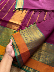 Dark magenta pink shade Kanchi cotton saree with contrast big Zari border