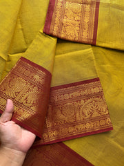 RF554 Mustard yellow Kanchi cotton saree with Annam and elephant pattern contrast border