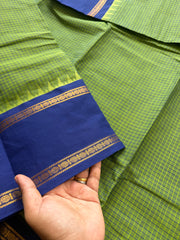 RF150 Green with contrast royal blue shade vintage Podi Kattam / small checks pattern Kanchi cotton saree