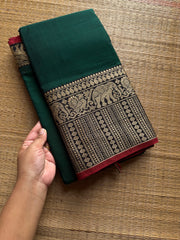 RF1433 Bottle green ~ Mercerised Narayanpet big thread border soft cotton saree