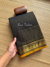 Black Vairaoosi Pattern Kanchi Cotton Saree With Small Contrast Mustard Shade Mango Pattern Zari Border - RF2