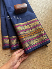 RF104 Dark Navy Blue Shade Kanchi Cotton Saree With Unique Varisaipet Border