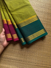 RF1228 Parrot green shade ~ Ganga Jamuna border Kanchi cotton saree