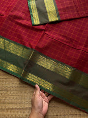 RF1034 Reddish maroon with green ~ Vintage Kattam / Checks Kanchi Cotton Saree