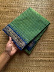 Vintage Podi Kattam ~ Dual tone Apple green shade with royal blue combination small checks Kanchi cotton saree
