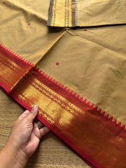RF906 Beige ~ Kanchi cotton saree with handmade thread buttas & Ganga Jamuna border