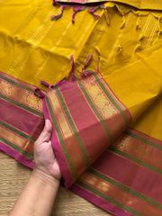 Mustard yellow with pink combination Silk saree inspired Kanchi cotton saree