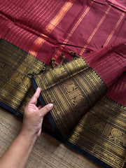 RF1167 Premium Vaira Oosi Pattern Kanchi cotton saree ~ Reddish maroon with black