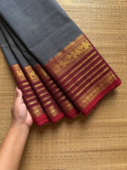 RF1058 Grey with maroon Varisaipet border Kanchi cotton saree