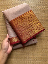 Beige with rust orange combination Kanchi cotton saree with handmade thread buttas