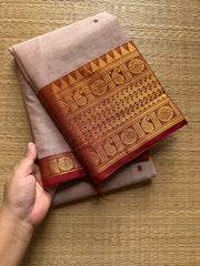 Beige with rust orange combination Kanchi cotton saree with handmade thread buttas
