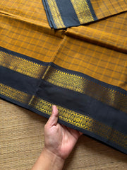 RF529 Mustard with black combination premium Kanchi Kattam / Checks Pattern saree