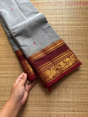 RF609 Grey with maroon combination Kanchi cotton saree with unique floral type border and handmade thread buttas