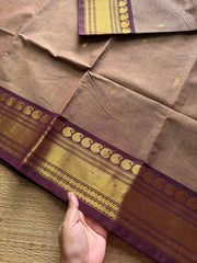 Biscuit shade with brown combination Kanchi cotton saree with handmade golden Zari Buttas