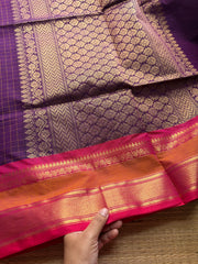 RF66 Purple shade Premium Kanchi Cotton saree with checks pattern & With Rich Zari woven Pallu