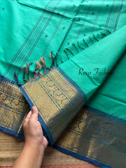 Aqua Blue Shade Kanchi Cotton Saree With Handamade thread Buttas