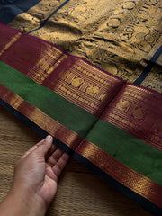 RF1254 Premium Rich Pallu Kanchi Cotton Saree ~Black shade with pink and green combination Annam & mango pattern Zari woven border