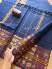 RF104 Dark Navy Blue Shade Kanchi Cotton Saree With Unique Varisaipet Border