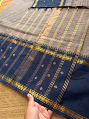 RF515 Grey with navy blue combination Vintage Border Kanchi Cotton Saree with kattam / checks pattern & handwoven Buttas on the border
