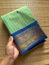 RF294 Dual tone Turquoise green shade with royal blue combination Kanchi cotton saree with Vanasingaram pattern border & handmade golden Zari Buttas