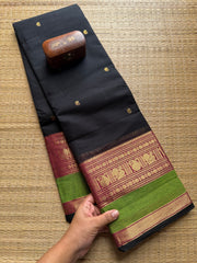 Black Kanchi Cotton Saree With Handmade Thread Buttas