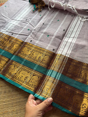 RF306 Grey with contrast teal green combination Rettapet border Kanchi cotton saree with handmade thread buttas