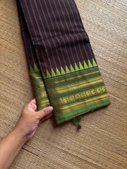 RF1344 Brown with green Kanchi cotton saree with vertical stripped pattern