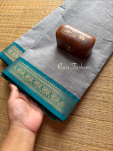 RF69 Grey with sky blue combination small Zari border Kanchi cotton saree