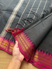 RF106 Black with pink combination Podi Kattam / small checks vintage border Kanchi cotton saree