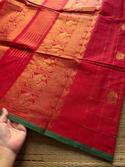 RF354 Red & Green Combination Premium Kanchi cotton saree with golden Zari checks pattern & Annam Buttas and intricate Zari woven Pallu