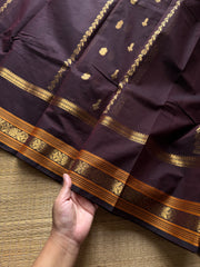 RF827 Premium Rich Pallu Kanchi Cotton Saree ~ Deep Coffee Brown with floral, Annam & Yazhi pattern Zari woven