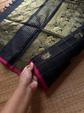 RF1375 Premium 120 count Kanchi cotton saree with golden Zari checks pattern & Annam Buttas and intricate Zari woven Pallu ~ Black