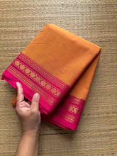 RF281 Dark Mango Shade with contrast pink combination small border Kanchi cotton saree