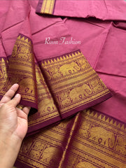 RF130 Dark Mauve Pink Shade Kanchi Cotton Saree With Contrast Maroon Zari rettapet Border
