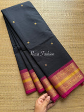 Black Kanchi Cotton Saree With Contrast Pink Zari Border with handmade golden Zari Buttas