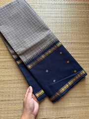 Grey with navy blue combination Vintage Border Kanchi Cotton Saree With kattam / checks pattern & handwoven Buttas on the border