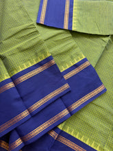 RF150 Green with contrast royal blue shade vintage Podi Kattam / small checks pattern Kanchi cotton saree