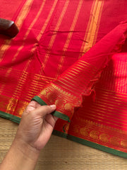 RF93 Chilli Red Vaira Oosi Kanchi Cotton Saree With Small Contrast Mango Border